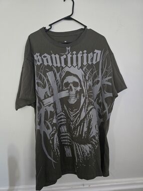 Sanctified Graphic Tee - Olive Green Skull Design